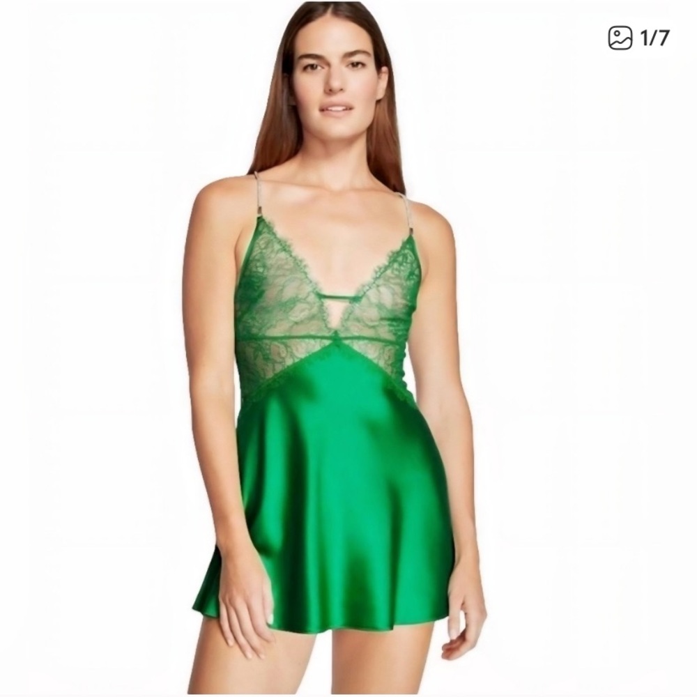Victoria's Secret Emerald Green Satin Lace Slip NO CHAIN STRAP
